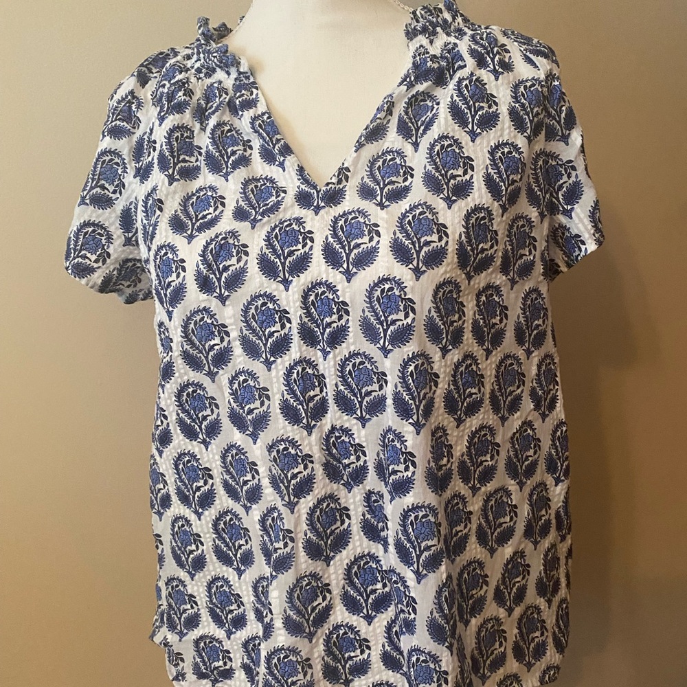 J. Crew Blue and White Boxy Short Sleeve Blouse